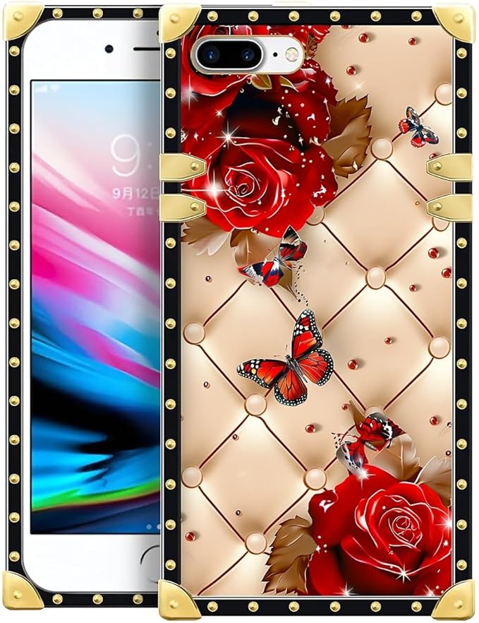 Compatible with iPhone 8 Plus 7 Plus Case, Shining Red Rose Butterfly Leather Background Luxury Golden Decoration for Girl Women Soft TPU Shockproof Protective Hard PC Back