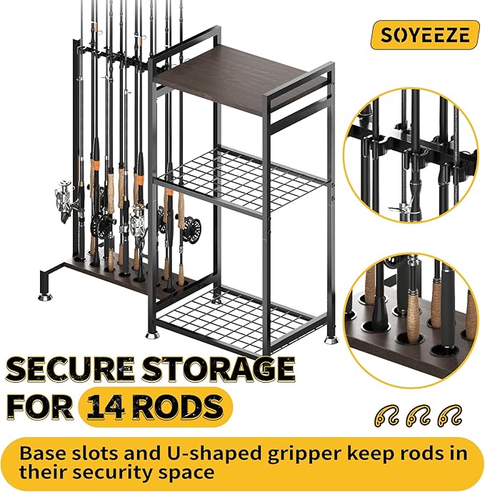 SOYEEZE Fishing Rod Holder for 14 Rods, Ground Stand Fishing Pole Holders for Garage, 2-Sided Vertical Fish Rod Rack for Tackle Box, Fishing Supplies,a Display Fish Gear Storage Gift for Man