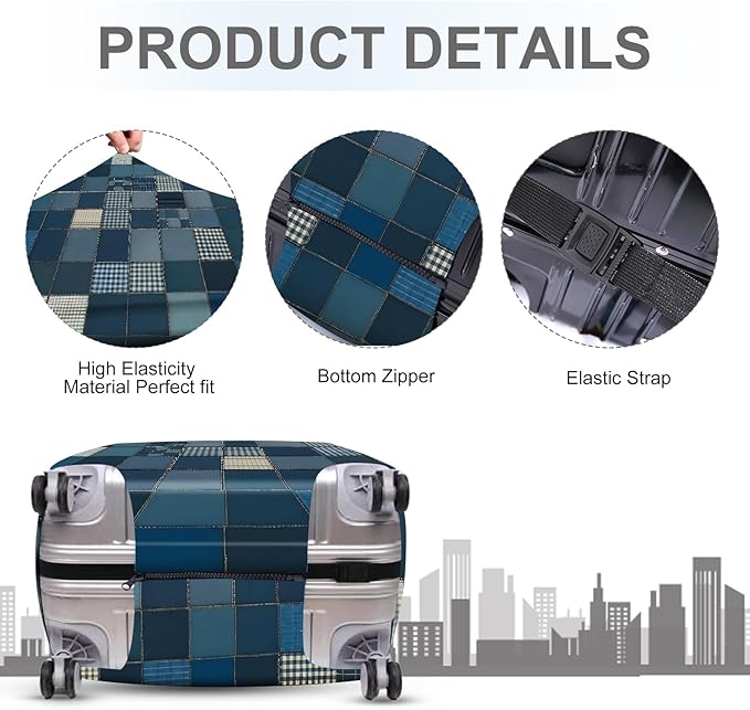 ANNA QUEEN Blue Patchwork Luggage Cover, Modern Grid Suitcase Protector, Stretchable Washable Cover for 32-34 Inch Luggage