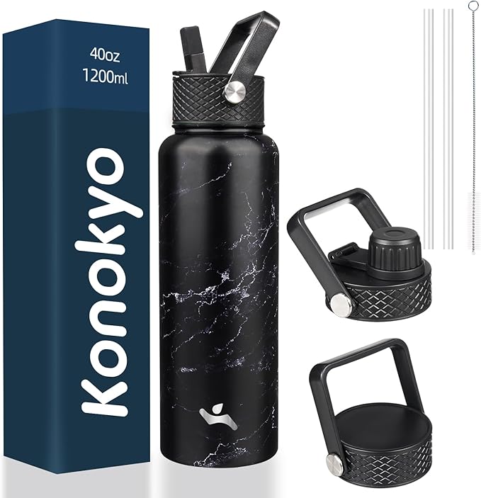Konokyo 40oz Insulated Water Bottle Stainless Steel Sport Bottles with 3 Lids,Marble Midnight