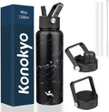 Konokyo 40oz Insulated Water Bottle Stainless Steel Sport Bottles with 3 Lids,Marble Midnight