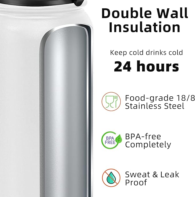 Fanhaw 20 oz Insulated Stainless Steel Water Bottle with Straw Lid, Leakproof & Anti-Dust Sports Bottle for Kids, Women & Men (White)