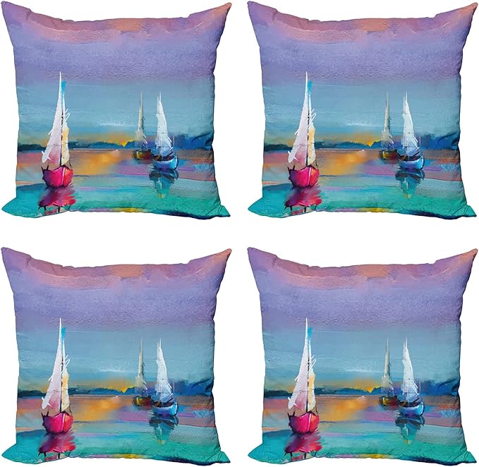 Ambesonne Abstract Oil Painting Decorative Throw Pillow Case Pack of 4, Modern Art with Boat Sail on The Sea Illustration of Nautical Motifs, Cushion Cover for Couch Living Room Car, 18", Purple Teal