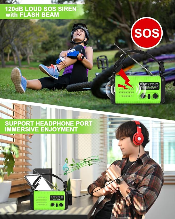 Emergency Crank Radio, 20000mAh / 74000mWh Solar Hand Crank Weather Radio with NOAA/AM/FM, Battery Powered Radio with Cell Phone Charger, Flashlight & SOS for Emergencies/Home (Light Green)
