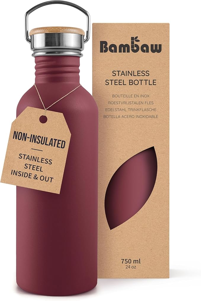Bambaw 750 ml Metal Water Bottle, Red Sports Bottle, Non-Insulated Stainless Steel Bottle 750 ml, BPA-Free and Reusable – Cherry Red