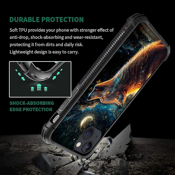 for iPhone 14 Case, Star Cave Hungry Wolf Pattern Graphic Design Girl Boy Soft Silicone Hard Acrylic Shock Protection for iPhone 14