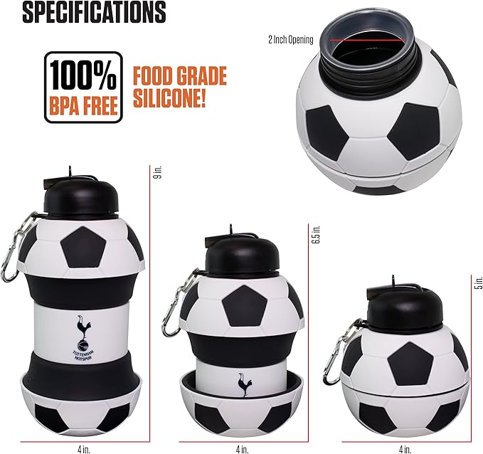 Maccabi ART Tottenham Clip-On Collapsible 1 Liter, 34 oz. size BPA-Free Silicone Soccert Large Water Bottle