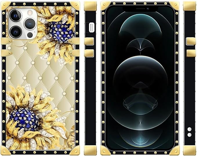 Compatible with iPhone 12 12 Pro Case, Sunflower Diamonds Leather Luxury Golden Decoration for Girl Women Soft TPU Shockproof Protective Hard PC Back for iPhone 12 12 Pro