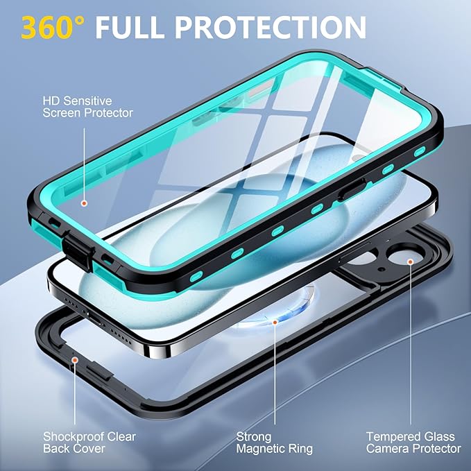 Red2Fire for iPhone 15 Case Waterproof, [Built-in Screen Protector & Camera Protector][Compatible with MagSafe][Full Body Shockproof][IP68 Waterproof][Dustproof] Phone Case 6.1" Blue/Clear