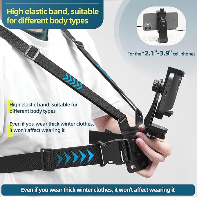 Mobile Phone Chest Mount Harness Strap Cell Phone Holder Mount for Video Recording Bike/Kayak/Fishing/Skateboard POV/VLOG for iPhone/Samsung for GoPro Hero 11 10 9 8/Insta360/DJI Action Camera, Black