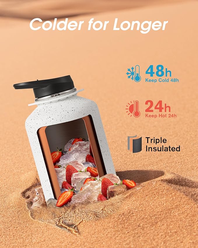 Coolflask Half Gallon Water Bottle with Strap, 64oz Insulated Water Jug Stainless Steel with Straw & Spout Lids, Metal Large Water Flask, Keep Cold 48h Hot 24h, Leak Proof, Non-BPA, Arctic White
