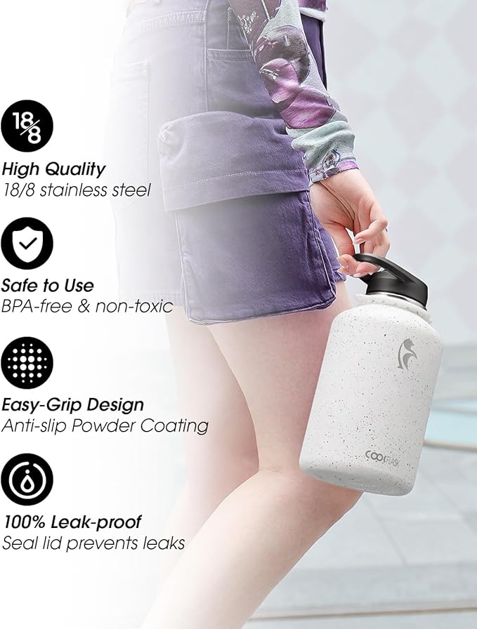 Coolflask Half Gallon Water Bottle with Strap, 64oz Insulated Water Jug Stainless Steel with Straw & Spout Lids, Metal Large Water Flask, Keep Cold 48h Hot 24h, Leak Proof, Non-BPA, Arctic White