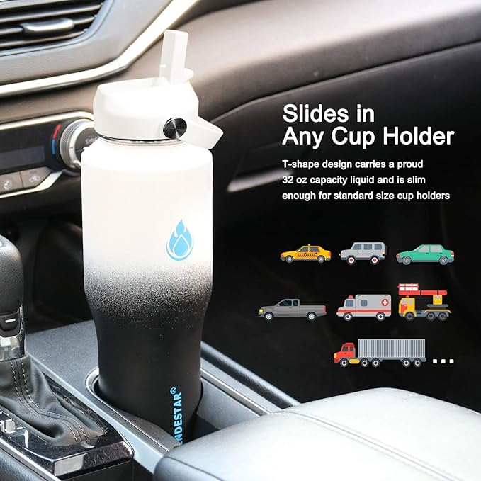 SENDESTAR Water Bottle,Wide Mouth Stainless Steel Vacuum Insulated Double Wall Keep Liquids Cold or Hot All Day,Sweat Proof Sport Design,Fit Car Cup Holder,White Black Gradient,32 Ounces