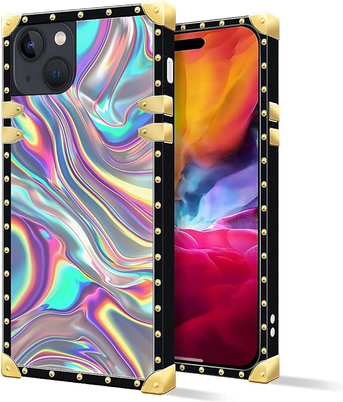 Compatible with iPhone 15 Case, Holographic Abstract Iridescent Textures Luxury Golden Decoration for Girl Women Soft TPU Shockproof Protective Hard PC Back for iPhone 15