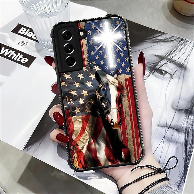 for Samsung Galaxy S21 Case, Red American Flag Horse Cross Pattern Graphic Design Girl Boy Soft Silicone Hard Acrylic Shock Protection for Samsung Galaxy S21