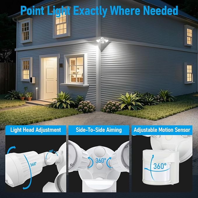 LEONLITE COB LED Security Light, Motion Sensor Outdoor Lights, Dusk to Dawn, 100-277V, ETL Listed, Adjustable Heads, Motion Detector Flood Light, Aluminum, IP65 Waterproof, 5000K Daylight, White