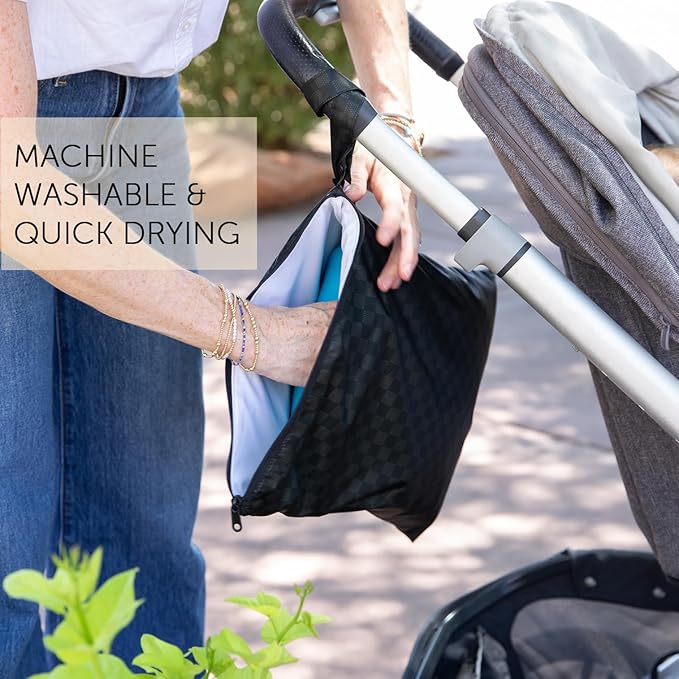 Bumkins Roamio Waterproof Wet Dry Bag for Baby, Travel, Swim Suit, Cloth Diapers, Pump Parts, Pool, Beach, Gym Clothes, Toiletry, Hook to Stroller, Daycare, Zipper Reusable Wetdry Packing, Black Check