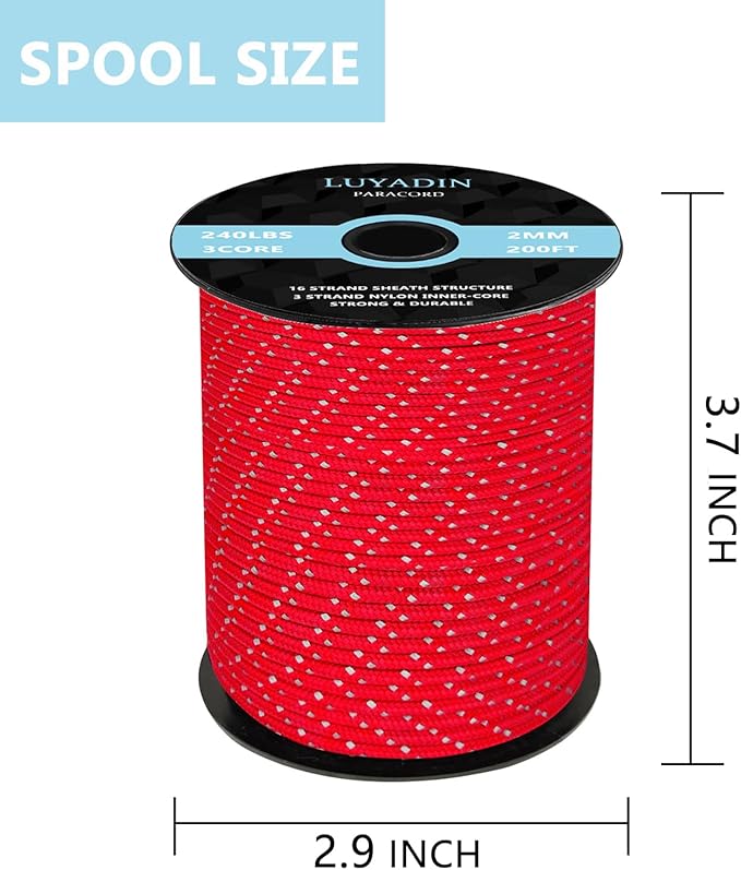 Reflective Paracord 240lb - Diameter 2mm Micro Utility Cord -3 Strand Parachute Spool Cord - 100ft 200ft,Paracord for Camping,Hiking,Fishing,Outdoor and DIY