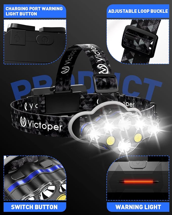 Victoper Rechargeable Headlamp 2 Pack, 8 LED High Lumen Bright Head Lamp with Red Light, Lightweight USB Head Light, 8 Mode Waterproof Head Flashlight for Outdoor Running Hunting Camping Gear, Black