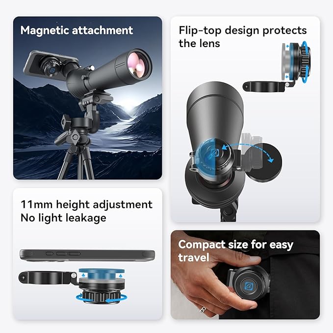 APEXEL Magnetic Telescope Phone Adapter for 36mm-46mm Eyepiece, Aluminum Foldable Photo Adapter Fits All Smartphone, Universal Phone Mount for Binocular, Monocular, Microscope, Spotting Scope