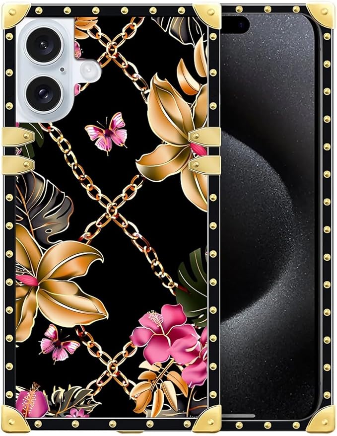 Compatible with iPhone 16 Plus Case, Pink Golden Chain Tropical Flower Luxury Golden Decoration for Girl Women Soft TPU Shockproof Protective Hard PC Back