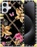 Compatible with iPhone 16 Plus Case, Pink Golden Chain Tropical Flower Luxury Golden Decoration for Girl Women Soft TPU Shockproof Protective Hard PC Back
