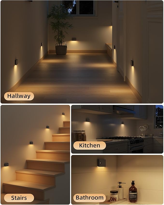EZVALO 6 Pack Motion Sensor Night Lights with Charging Station, Sync LED Stair Lights Indoor, 1500mAh Rechargeable, Magnetic & Dimmable, 3000K Soft White, Portable Nightlight for Hallway (Black)