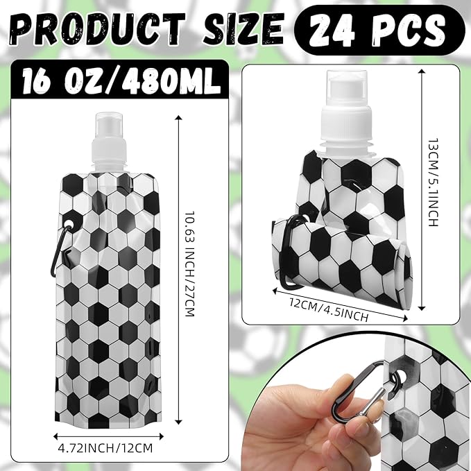 LemonRoad 24 Pack Collapsible Water Bottles Bulk 16 oz Sports Water Bottles with Carabiner Drinking Leak Proof Bags for Sports Party Favors Team Gifts Biking Hiking Travel Outdoor(Soccer Style)