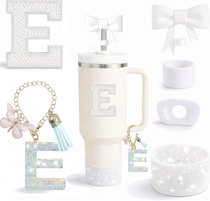 6PCS White Stanley Cup Accessories Set Fit for Stanley Cup 30oz 40oz. Including Handle Charm, Personalized Initial Sticker, Straw Topper, Sparkly Silicone Boot, Spill Proof Stopper (Letter-E)