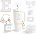 6PCS White Stanley Cup Accessories Set Fit for Stanley Cup 30oz 40oz. Including Handle Charm, Personalized Initial Sticker, Straw Topper, Sparkly Silicone Boot, Spill Proof Stopper (Letter-E)