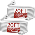 16/3 Short Extension Cord 20 FT 2 Pack, White Extension Cord Flexible & Durable, Indoor 3 Prong Power Cable, Suitable for Home and Office, 13 Amp 1625 Watt 125VAC 16AWG, ETL Listed