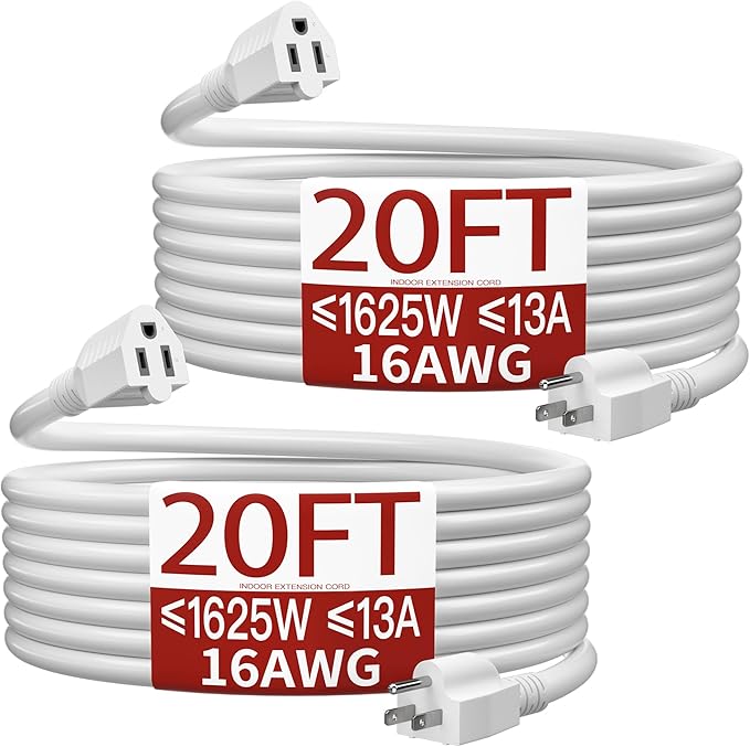 16/3 Short Extension Cord 20 FT 2 Pack, White Extension Cord Flexible & Durable, Indoor 3 Prong Power Cable, Suitable for Home and Office, 13 Amp 1625 Watt 125VAC 16AWG, ETL Listed