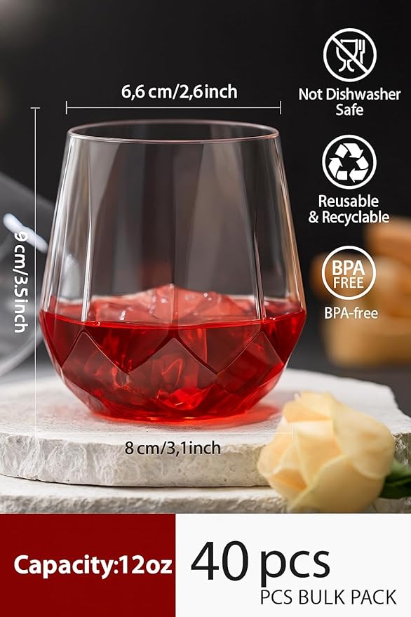 Oojami 40 Pack Diamond Shaped Plastic Wine Glasses 12 oz - Stemless Disposable Unbreakable Cups for Champagne Whiskey Cocktails, BPA-Free Shatterproof Drinkware for Wedding Party Home Bar (Clear)