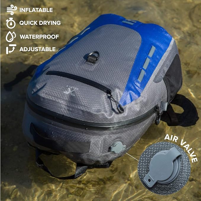 Xelfly Submersipack Waterproof Backpack - Submersible, Inflatable, Floating TPU Coated Durable Nylon Dry Bag with Airtight Zipper for Kayak, Fishing, Boating, Hiking, Paddle Board (Gray Stone, 25L)