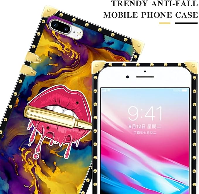 Compatible with iPhone 8 7 SE Case, Cool Corlorful Lip Marble Luxury Golden Decoration for Girl Women Soft TPU Shockproof Protective Hard PC Back for iPhone 8 7 SE