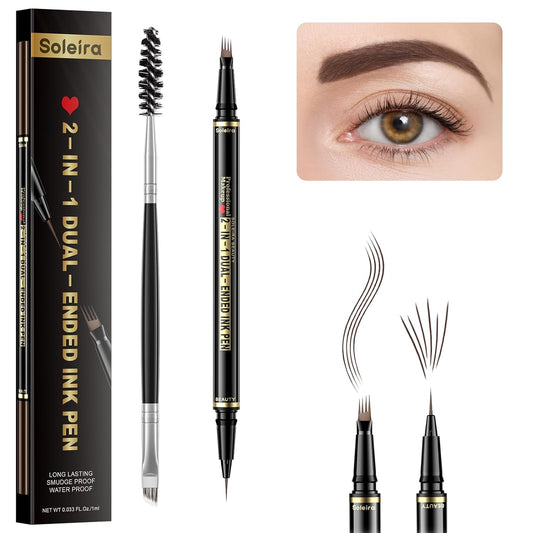 Eyebrow Pen, Soleira Waterproof Eyebrow Pencil with 4 Tip Microblading Eyebrow Pen and Dual-ended Eyebrow Brush, for Natural-Looking Brows, Long-Lasting, COCO Dark Brown