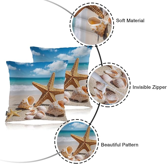 Swono Starfish Decorative Throw Pillow Cushion Covers, Ocean Beach Starfish Seashells Cosy Pillowcase Home Decor, Double-Sided Printed Pillow Covers for Bedroom Livingroom Office 18x18 Set of 2