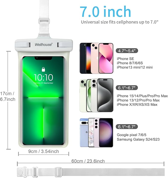 wellhouse Waterproof Phone Pouch, Waterproof Phone Case for iPhone 17 16 15 14 13 Pro Max XS Samsung, IPX8 3D Cellphone Dry Bag Beach Essentials (1 Pack - Luminous White7.0, 7 inch)