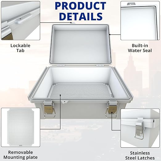 MAKERELE Grey Electrical Junction Box for Outdoor Waterproofing,Outsourced IP67 ABS Plastic, Including Mounting Plate,Wall Bracket,Hinged Cover, and 3/4" NPT*2(13.8"×9.8"×5.9")