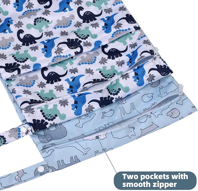 Waterproof Wet Dry Bag 2-Pack - Beach Swimming Travel Organizer for Baby Cloth Diapers, Swimwear & Gym Clothes, Leak-Proof with Dual Zippers-Cute Animal,Dinosaur