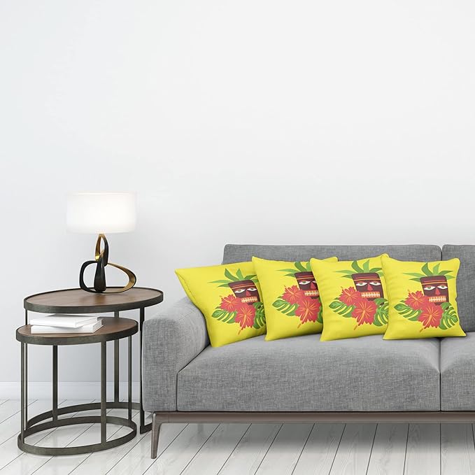 Ambesonne Luau Throw Pillow Cushion Case Pack of 4, Vibrant Composition of a Tiki Exotic Summer Hibiscus and Palm Leaves, Modern Accent Double-Sided Digital Printing, 20", Yellow Multicolor