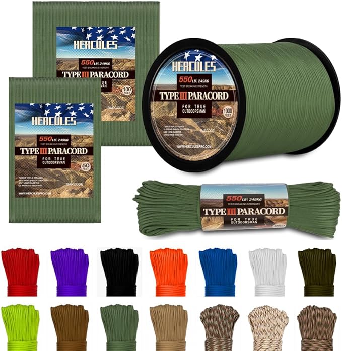 HERCULES Type III Paracord 550 Paracord Rope Parachute Cord, 50' Olive Green for Survival Rope, Survival Cord