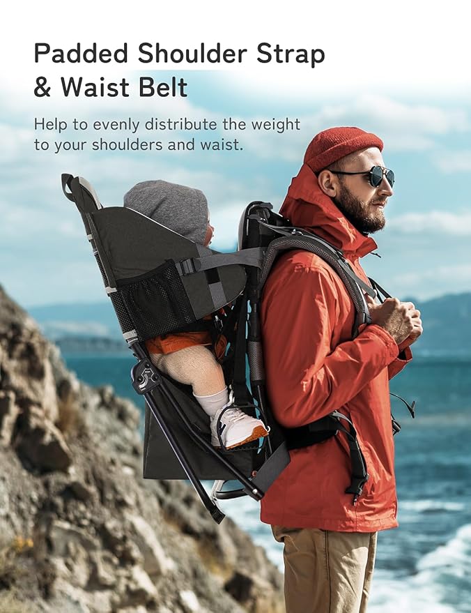 besrey Baby Backpack Carrier, Toddler Hiking Backpack with Safety 3-Height Seat, Adjustable Straps&Waist Belt, Foldable Frame Lightweight Large Capacity Child Carrier for Hiking (Black)