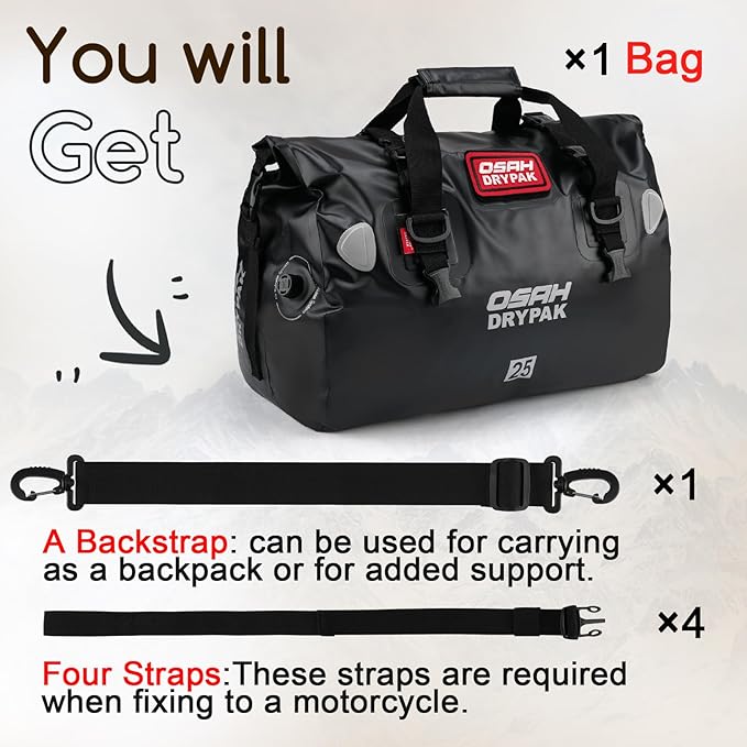 OSAH DRYPAK Waterproof Duffel Bag - Motorcycle Dry Bag Tail Bag with Large Storage Space, Waterproof Luggage Duffle Bags with Outer Mesh Zipper Pocket for Camping, Kayaking, Fishing & Traveling