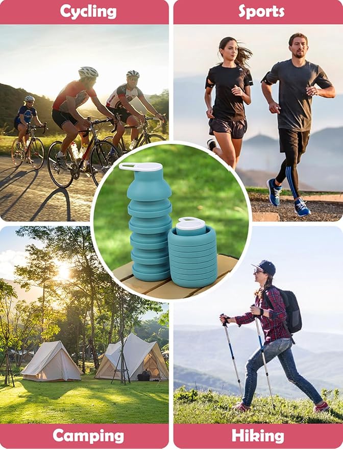 Collapsible Silicone Water Bottle – Foldable Travel Water Bottle Leakproof, BPA Free, Portable & Space-Saving – Perfect for Gym, Hiking,Travel(carabiner and cleaning brush),Light green