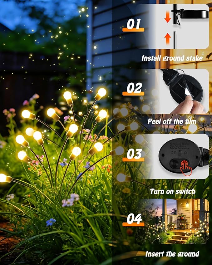 OZS 4 Pack Total 32 LED Solar Garden Lights Fairy Outdoor - Solar Firefly Lights Outdoor, Sway by Wind, Waterproof for Garden Patio Pathway Fairy Decoration (Warm White)