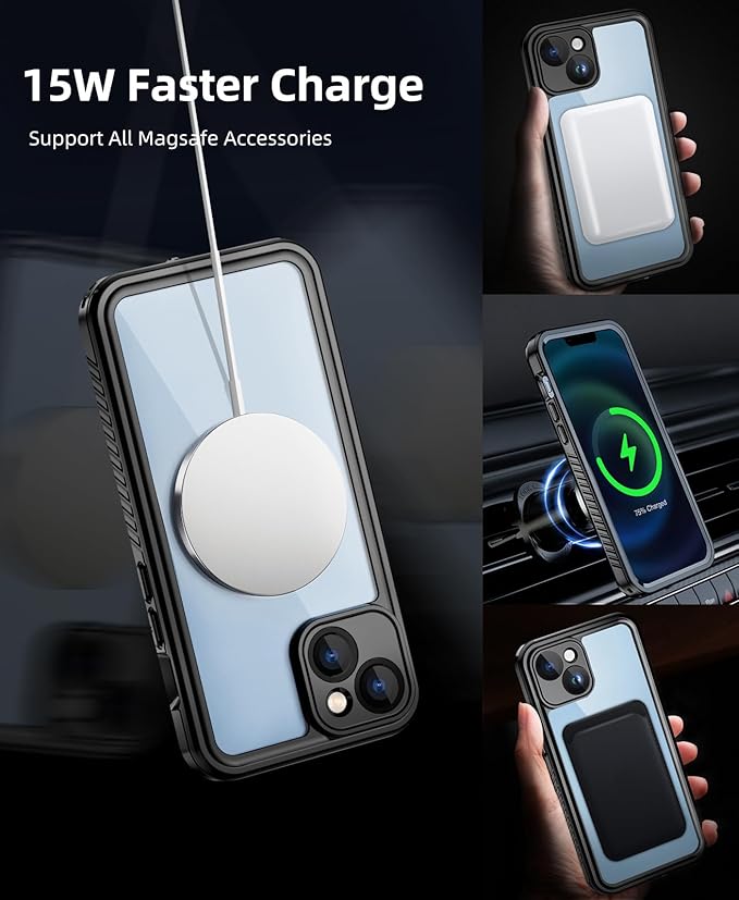Beeasy for iPhone 14 Waterproof Case Compatible with Magsafe IP68 Underwater Military Grade, Phone Case with Shockproof, Dustproof, Rugged 360 Full Body Protection Cover with Built-in Screen Protector