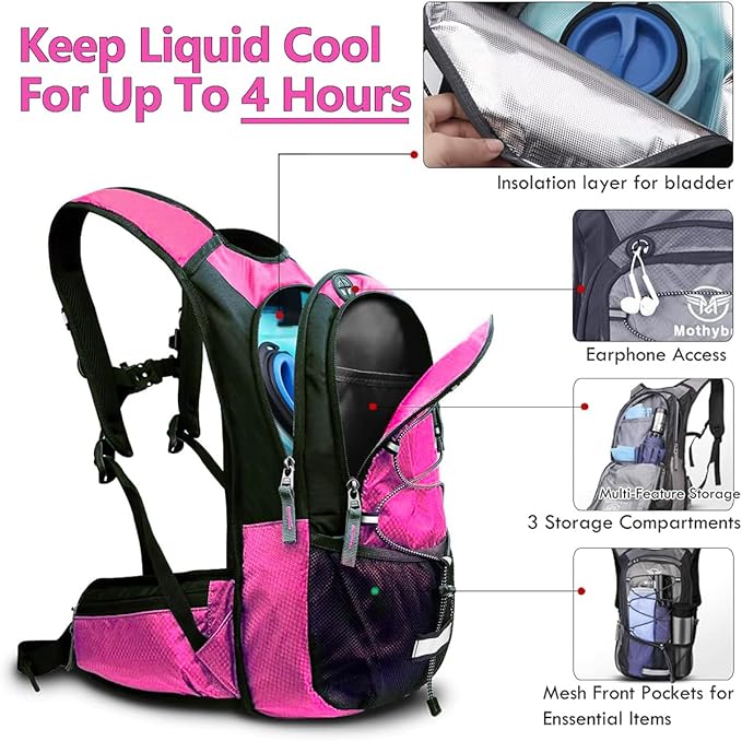 Mothybot Hydration Pack, Insulated Hydration Backpack with 2L BPA Free Water Bladder and Storage, Hiking Backpack for Men, Women, Kids for Running, Cycling, Camping - Keep Liquid Cool up to 5 Hours