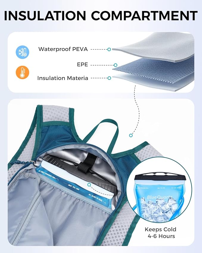 Blue Quartz Hydration Backpack with 2L Water Bladder, Hiking Water Pack with Insulated Compartment for Women Men, Lightweight Running Hydration Vest with Phone Pocket for Cycling, Biking