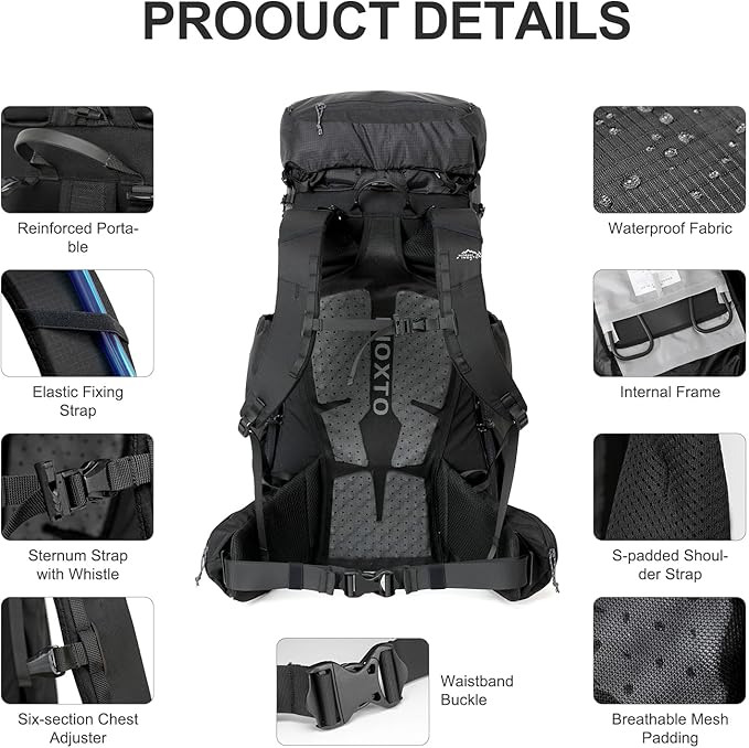 IX INOXTO 55L Internal Frame Waterproof Hiking Camping Backpack with 3L Water Bladder and Rain Cover, Large Lightweight Travel Daypack Rucksack for Climbing (Black)